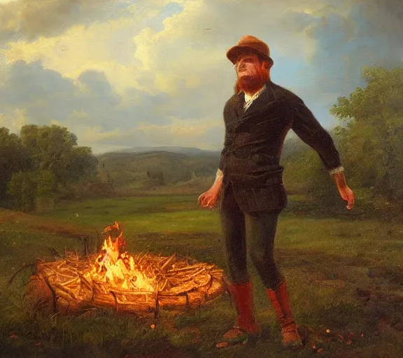 Prompt: landscape portrait of tyler childers throwing his money on a funeral pyre by william sidney mount, trending on artstation