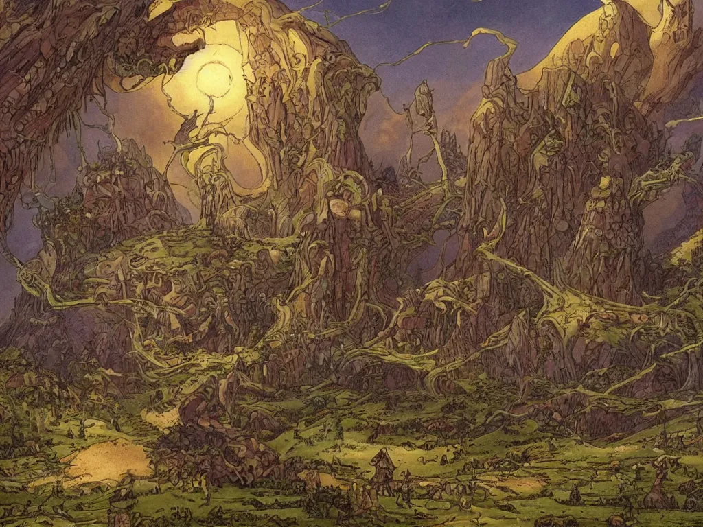 Image similar to fantasy landscape made by moebius with a 8 eyed humanoid god dealing cards over a medieval field