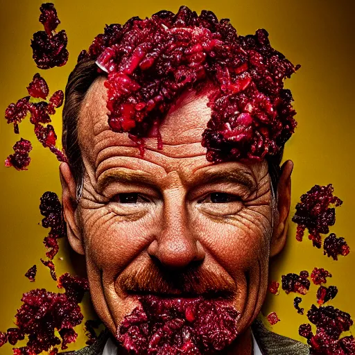 Image similar to bryan cranston made out of cranberries, natural light, sharp, detailed face, magazine, press, photo, steve mccurry, david lazar, canon, nikon, focus