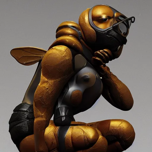 Image similar to a bee squatting in knee pads, extremely detailed, digital painting, sculpted in zbrush, artstation, concept art, smooth, sharp focus, illustration, chiaroscuro soft lighting, golden ratio, rule of thirds, fibonacci, lots of reflective surfaces, subsurface scattering