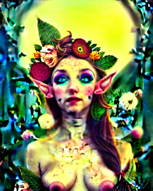 Image similar to photot of burlesque elf, flowers in hair, fantasy character portrait, soft clouds, floral sunset, ultra realistic, concept art, intricate details, art nouveau, cinematic, highly detailed