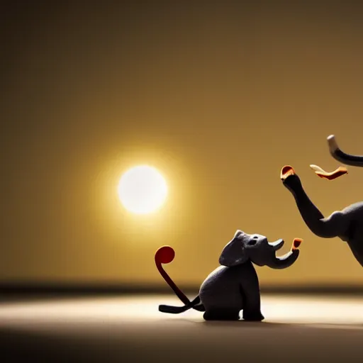 Image similar to elephant dancing with a mouse in claymation style tilt shift sharp focus dynamic lighting