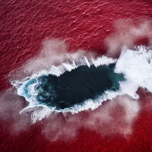 Prompt: a lonely boat floating in the turbulent red ocean, tsunami, fierce huge waves, dangerous depressing atmosphere, dark tone, illustration, aerial view, evil