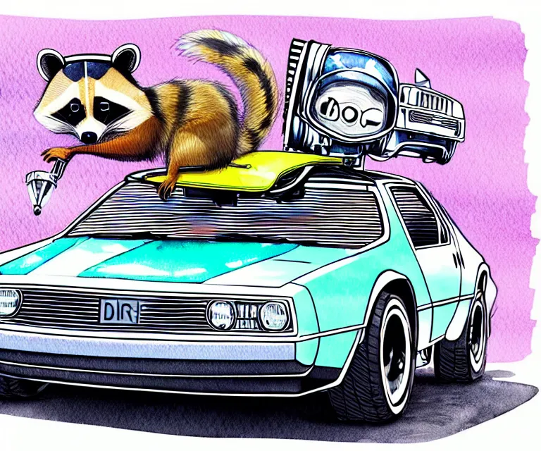 Image similar to cute and funny, racoon wearing a helmet riding in a tiny silver color hot rod dmc delorean with oversized engine, ratfink style by ed roth, centered award winning watercolor pen illustration, isometric illustration by chihiro iwasaki, edited by range murata, details by artgerm, full picture