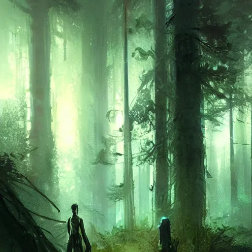 Image similar to concept art by greg rutkowski, a very tall and slender young man, frightened, surrounded by fireflies, in the middle of a forest of giant trees, detailed portraits, disturbing atmosphere, uncanny green lighting, scifi, digital painting, artstation, concept art, smooth, sharp foccus ilustration, artstation hq