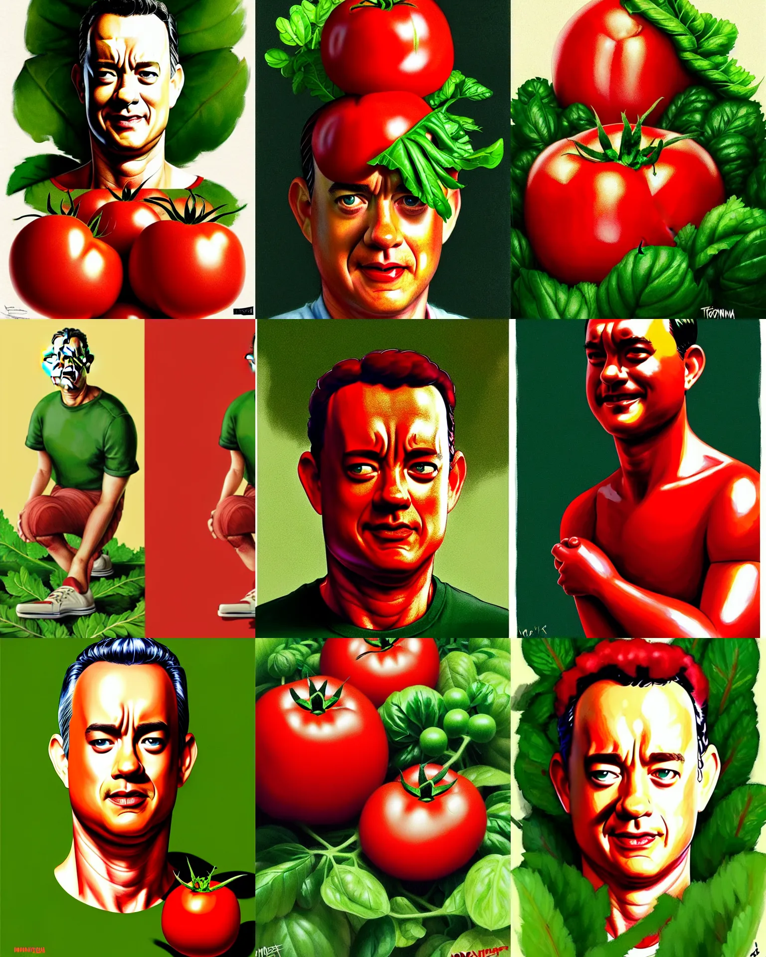 Image similar to tom hanks as forest gump as a tomato, his skin is red with leafy green hair, animation character, dramatic lighting, forest gump tomato body, shaded lighting poster by magali villeneuve, artgerm, jeremy lipkin and michael garmash, rob rey and kentaro miura style, trending on art station