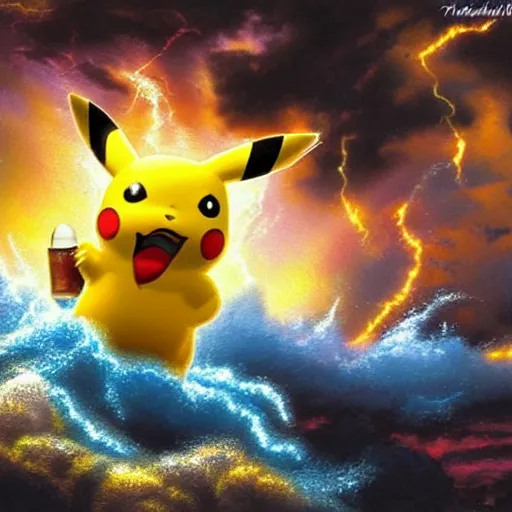 Prompt: Pikachu lightning by Thomas Kinkade dramatic lighting, water spray, glistening