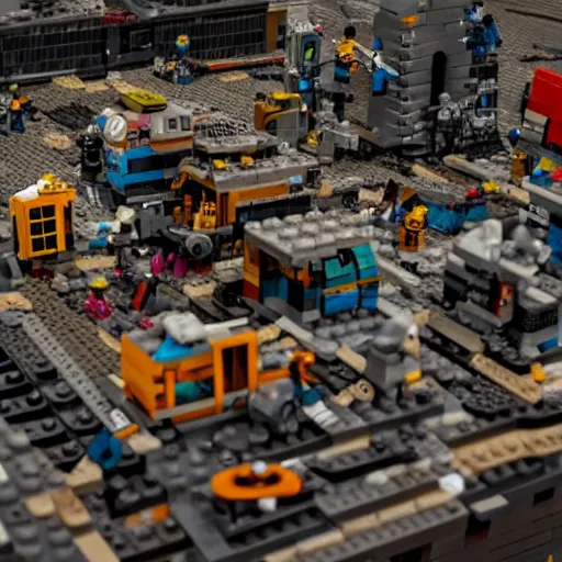 Image similar to post - apocalyptic lego - city, very detailed photo, ambient light, grotesque mood