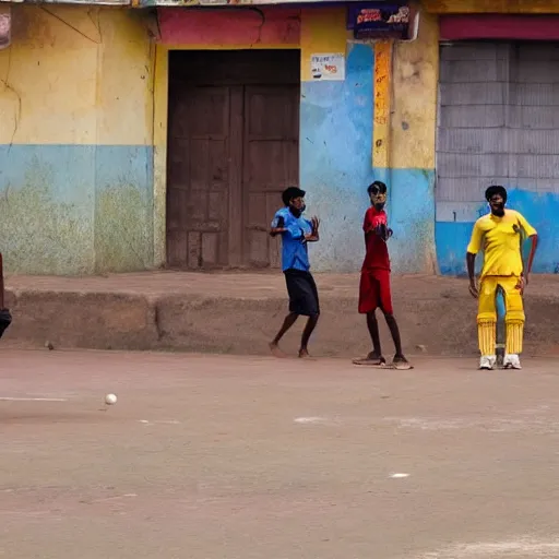 Image similar to four tamil friends playing a game of cricket, on an indian street, photorealistic, 4 k