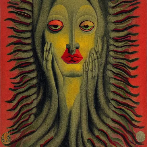 Image similar to floral face portrait by leonetto cappiello and wojciech siudmak and ernst fuchs, anni albers, oil on canvas