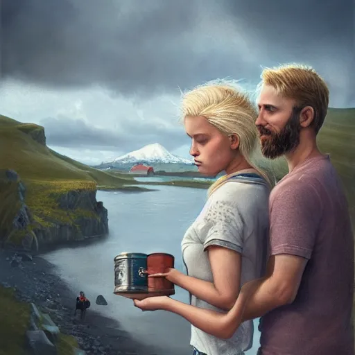 Image similar to a highly detailed portrait from behind of a young couple from the side, holding a tin can, remote icelandic village, summer, jeans and t shirt, blonde hair, muted colors, by tom bagshaw, trending on artstation,