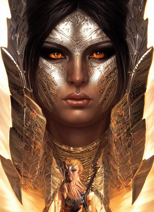 Image similar to a highly detailed symmetrical painting of a female amazon warrior with piercing beautiful eyes in dark tomb setting, dynamic lighting, ambient lighting, deviantart, art by artgerm and karol bak and mark brooks