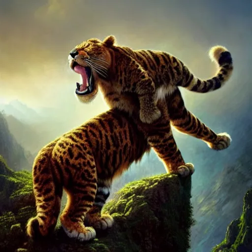 Prompt: a hyperrealistic illustration of a mix of puma and jaguar and lion and tiger jumping over a cliff, giant cat monster, 8 k ultra realistic animal, detailed intricate fur, flame in the fur, with fractal sunlight, award - winning, masterpiece, in the style of tom bagshaw, cedric peyravernay, peter mohrbacher