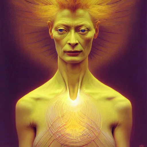 Prompt: Woman masterpiece, Tilda Swinton, beautiful eyes, yellow, golden halo behind her head, wires everywhere, by Edgar Maxence and Ross Tran, Zdzisław Beksiński, and Michael Whelan, distant, gustav dore, H.R. Giger, 8k, octane render