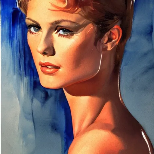 Image similar to photorealistic picture, by bob peak and alex ross, 9 0 s calendar girl, gouache and wash paints, fine details, fine intricate, fine facial proportionate, fine body proportionate, smooth sharp focus, sharp focus