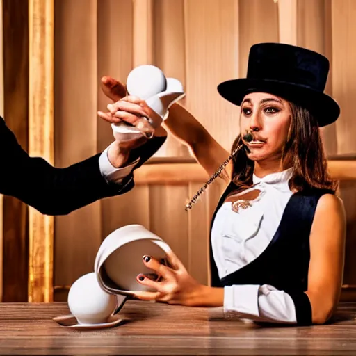 Prompt: magician performing the cups and balls very realistic