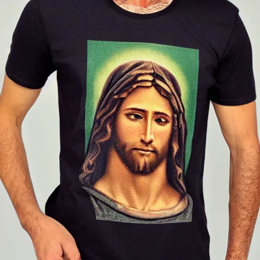 Image similar to a photo of a supreme t - shirt with an image of jesus on it, 4 k, highly detailed