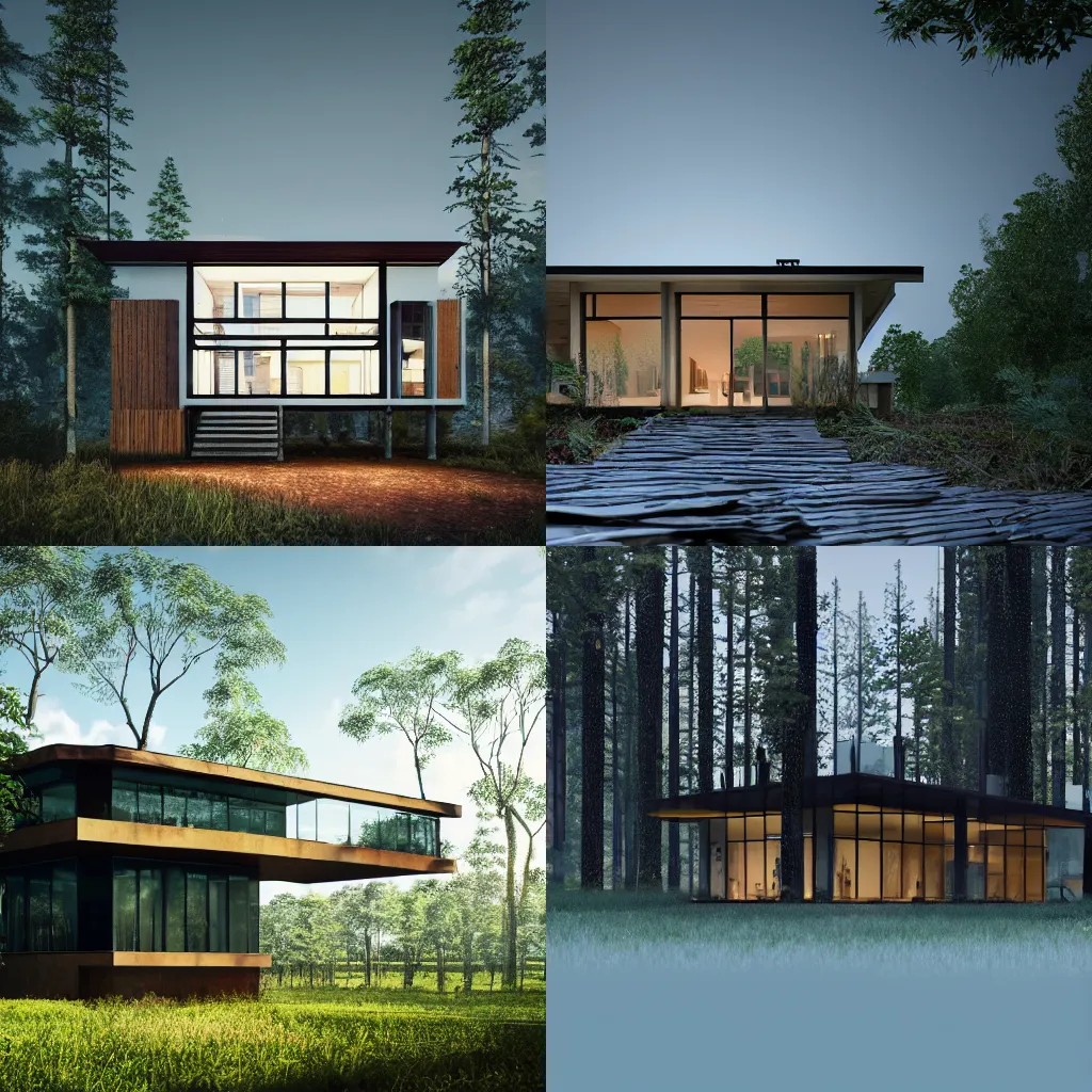 Image similar to a house in the middle of the forest, lights inside, contemporary architecture, architecture render, unreal engine, detailed