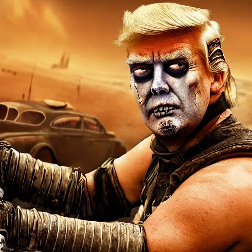 Image similar to Donald Trump as Immortan Joe, mad max fury road, detailed, 4k