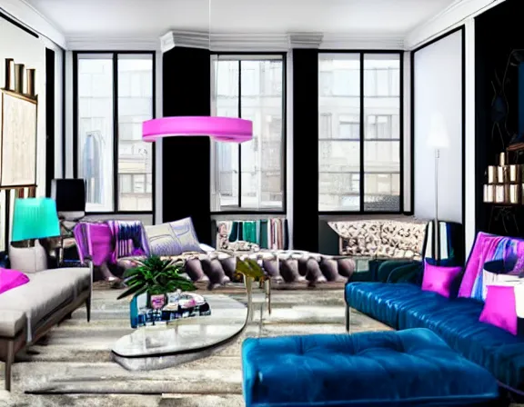 Image similar to apartment designed by nate berkus, vaporwave colors