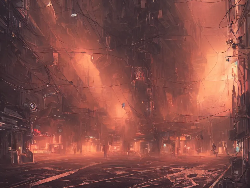 Image similar to futuristic dieselpunk street, cable stone ground. lots hanging cables, tiny wires on the ground. narrow, garbage on the ground. rain. fog, haze, evening. led screens. neon signs. golden hour. very sharp. cables on the ground. very messy. futuristic. photorealistic. artstation. anime. studio gimbli style. golden rate.