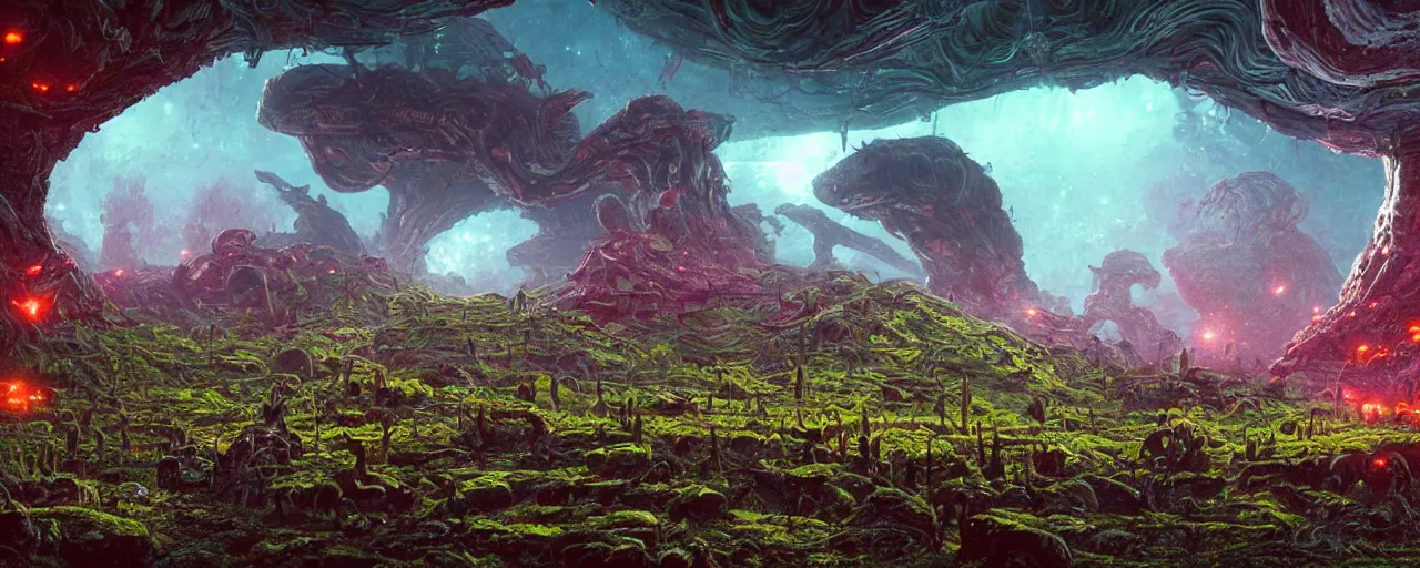 Prompt: ” slimy alien landscape, [ organic, disgusting, cinematic, detailed, epic, widescreen, opening, establishing, mattepainting, photorealistic, realistic textures, octane render, art by slop and paul lehr ] ”