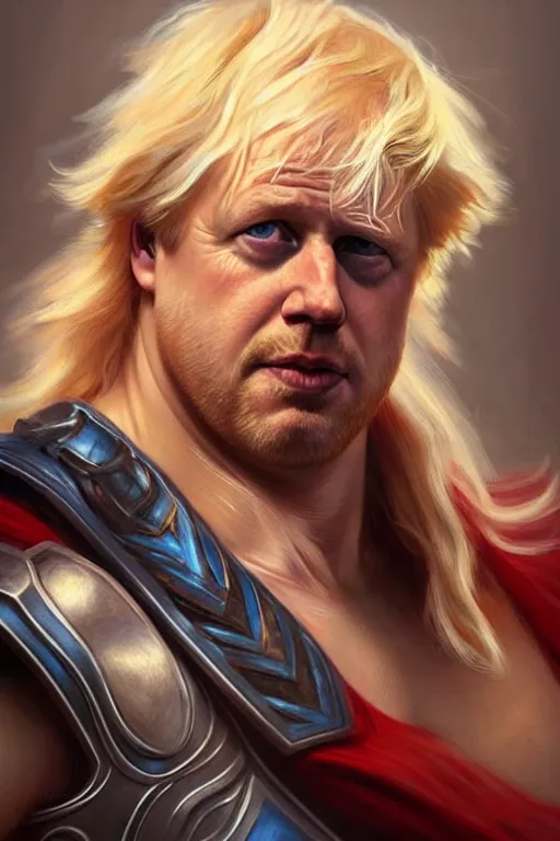 Prompt: Boris Johnson as Thor, Boris Johnson hairstyle, masculine figure, highly detailed, digital painting, artstation, concept art, smooth, sharp focus, illustration, cinematic lighting, art by artgerm and greg rutkowski and alphonse mucha