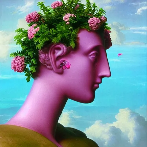 Image similar to award winning masterpiece with incredible details, a surreal vaporwave vaporwave vaporwave vaporwave vaporwave painting by Thomas Cole of an old pink mannequin head with light beaming out of its eyes, flowers growing out of its head, sinking underwater, highly detailed, WOW