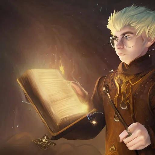 Prompt: A mage with blonde hair reading a spell book with a wand strapped to his back. Fantasy, digital painting, HD, 4k, detailed.