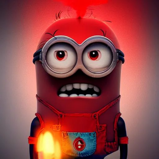 Prompt: an epic painting minion, red angry face with steam out of his head, perfect composition, golden ratio, beautiful detailed, photorealistic, digital painting, concept art, smooth, sharp focus, illustration, artstation trending, octane render, unreal engine