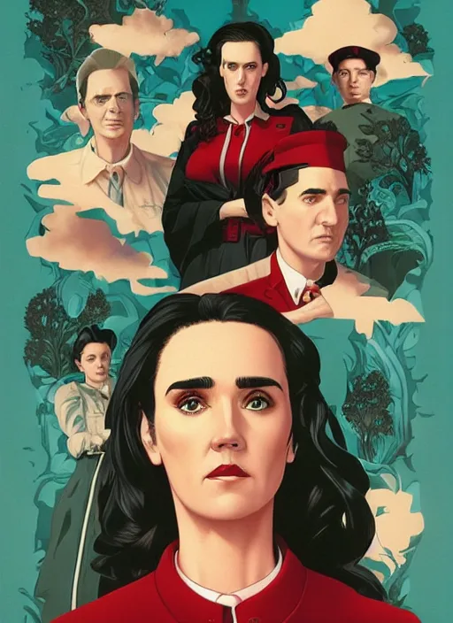 Prompt: poster artwork by Michael Whelan and Tomer Hanuka, Karol Bak of Jennifer Connelly wearing RR Double R diner waitress dress uniform, from scene from Twin Peaks, clean