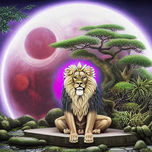 Image similar to an anthromorphic lion meditating in a zen garden with a waterfall under the blood moon, by Adi granov and afarin sajedi and amanda sage and evgeni gordiets and Agostino Arrivabene and adonna khare in a psychedelic portrait style, ultrarealistic matte painting, volumetric lighting, fractal, extremely symmetrical, highly detailed face, orisha, 8k, hd