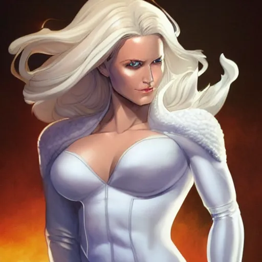 Prompt: portrait of emma frost, a beautiful woman in her 3 0 s with white blonde hair and blue eyes dressed in a fashionable white suit, detailed face, delicate features, smooth, sharp focus, graphic novel, art by artgerm and greg rutkowski and pepe larraz,