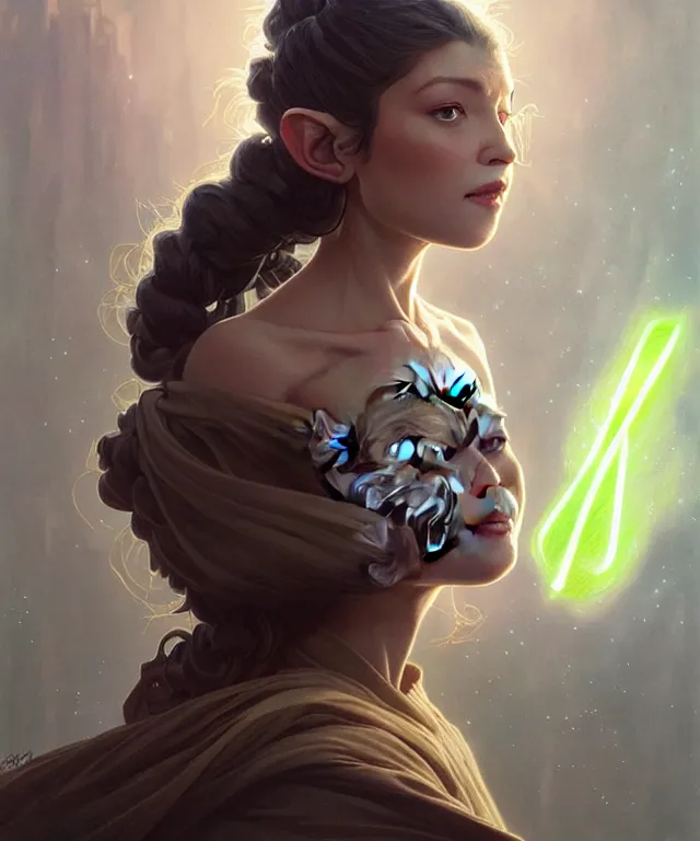 Image similar to Grogu meets yoda, sci-fi, amber eyes, face, long hair, fantasy, intricate, elegant, highly detailed, digital painting, artstation, concept art, smooth, sharp focus, illustration, art by artgerm and greg rutkowski and alphonse mucha