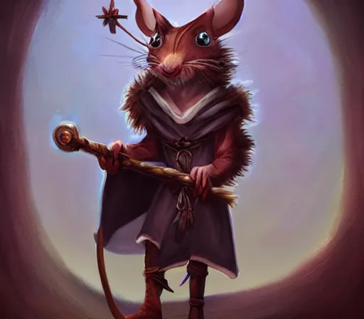 Image similar to anthropomorphic rat wielding a magic staff wearing wizard robe, cute and adorable, pretty, beautiful, DnD character art portrait, matte fantasy painting, DeviantArt Artstation, cinema