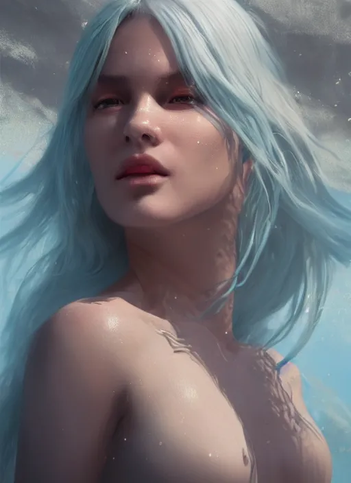 Prompt: a realistic detail portrait of a beautiful female angle has white hair in ocean, magic, dragon, oil painting by Julian calle, wlop, greg rutkowski, Finnian MacManus, Trending on artstation, red and yellow scheme, 8k, Unreal Engine