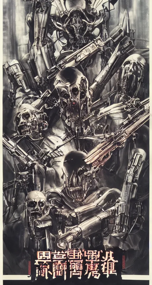 Prompt: Movie Poster for Schwartzlicht,about Chinese Russian Zombie Troopers Designed By Yasushi Nirasawa battle Japanese America Cyborgs Designed by Syd Mead and Giger, 1970s style, very detailed, text says: Schwarzlicht