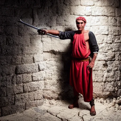 Prompt: award winning cinematic still of nighttime with 40 year old Mediterranean skinned man in Ancient Canaanite clothing fixing a ruined, crumbled wall in Jerusalem, holding a sword and a chisel, dramatic lighting, nighttime, strong shadows, bright red hues, directed by Michael Bay