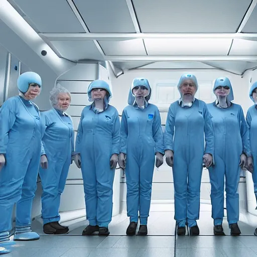 Image similar to troop of 1 2 0 - year - old grannies with white bob hairdos, tight light blue neopren pilot suits, futuristic cloning facility, sci - fi, highly detailed, cinematic