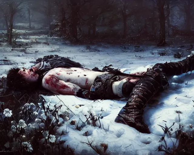 Image similar to Highly realistic oil painting of a wounded knight lying in the snow, surrounded by blue flowers, blood on flowers, by greg rutkowski, highly detailed, cinematic lighting, moody, dark