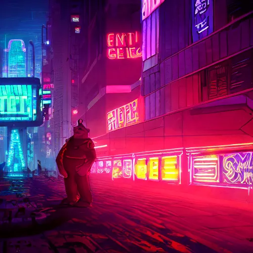 Image similar to Shrek, Cyberpunk, Neon lights, City background, Ultradetailed, Cyborg, Futuristic, Far Future, Sci-fi, 4k