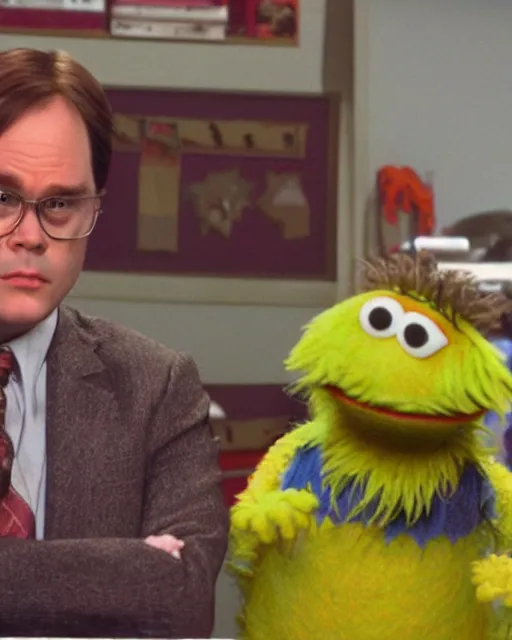 Image similar to film still from the office, dwight schrute mumpet!!. highly detailed felt. hyper real photo, octane, sesame street, jim henson, 4 k.