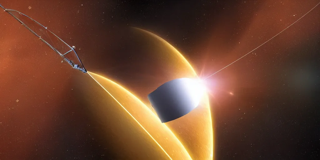 Image similar to close up of a futuristic huge (solar light sail) probe entering a solar system carrying a dead alien. The probe is from an isolated star in a thick dust cloud, highly detailed, desolate, cinematic, UE5, 8K, 4K