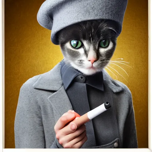 Image similar to professional portrait of a cute cat wearing a grey beret and smoking a cigarette in paris, 8k, ultra intricate, ultra realistic,