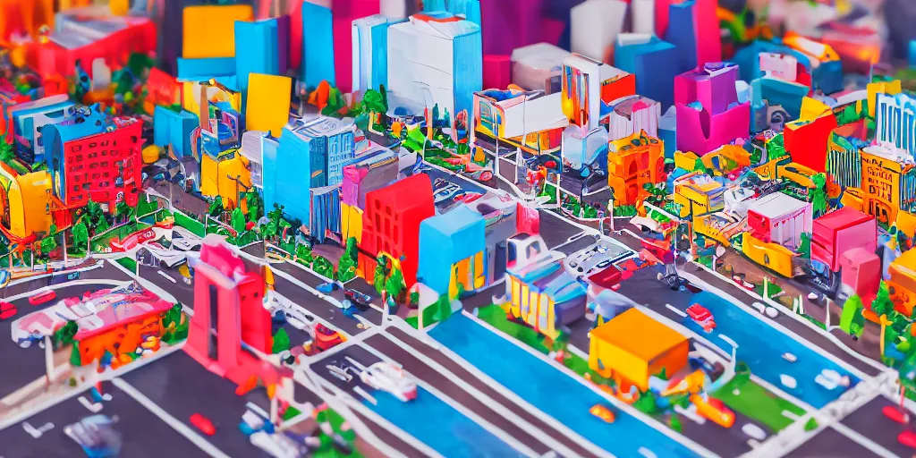 Image similar to paper craft diorama of a colorful city with people and cars