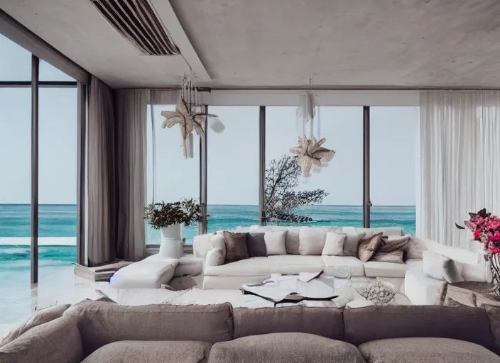 Prompt: interior photo of a modern beach mansion with a beautiful couch next to a white marble table on top of which there are magnificent flowers, highly detailed, hd, 4k