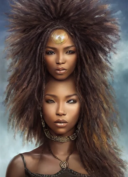 Prompt: a beautiful african woman, 8 k, hyperrealistic, hyperdetailed, beautiful face, long hair windy, dark fantasy, fantasy portrait by laura sava