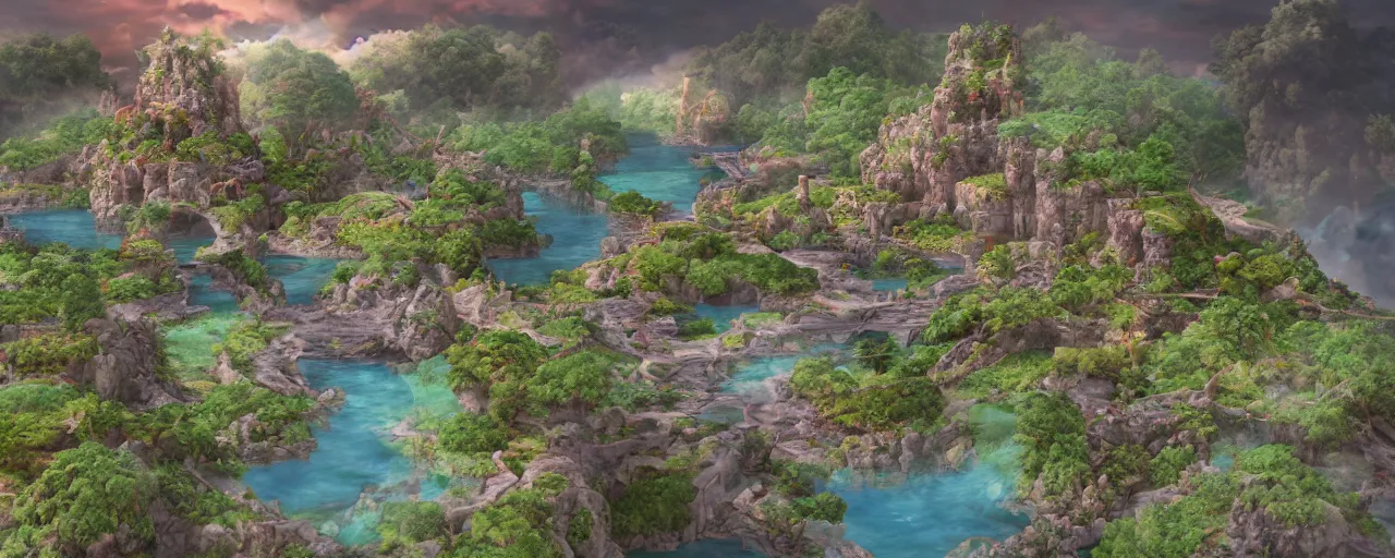 Prompt: a 3D render of a fantasy land by Ike no Taiga and Tsukioka Yoshitoshi
