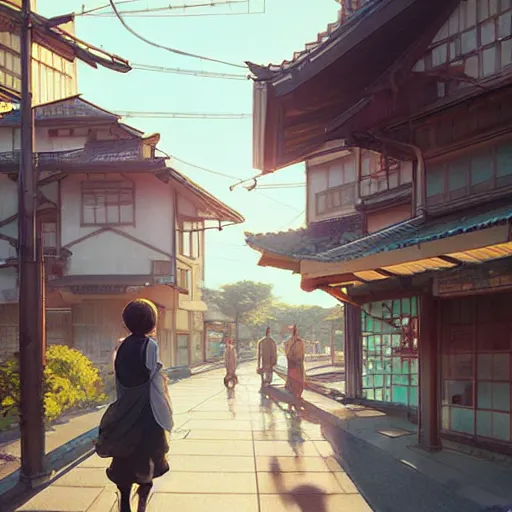 Prompt: walking around ozu city and shimonad station, ehime, japan. volumetric lighting, hot summer evening, golden hour, realistic illustration, perfectly shaded, soft painting, art by krenz cushart and wenjun lin