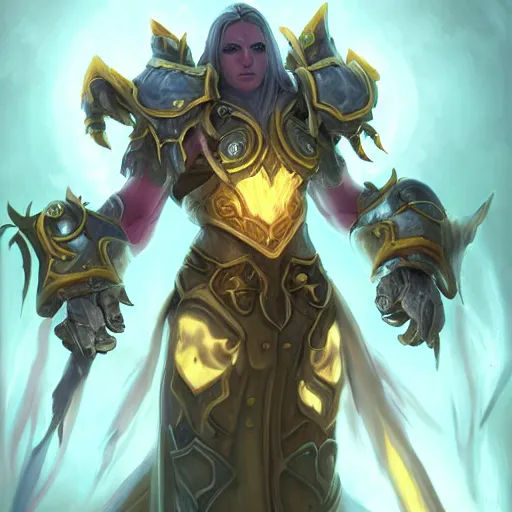 Image similar to world of warcraft lightforged human paladin, artstation hall of fame gallery, editors choice, #1 digital painting of all time, most beautiful image ever created, emotionally evocative, greatest art ever made, lifetime achievement magnum opus masterpiece, the most amazing breathtaking image with the deepest message ever painted, a thing of beauty beyond imagination or words